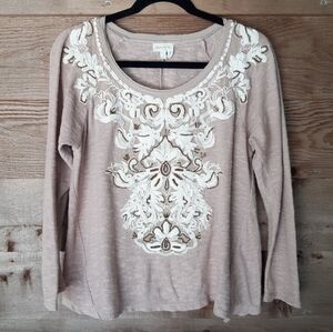Meadow Rue Tan Sweater with Beading and Embroidery